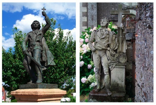 La statue de Cathelineau, la nouvelle inaugurée en 1993 (à gauche) et l'ancienne usée par le temps