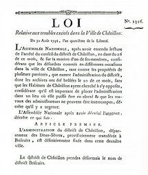 Loi ordonnant le transfert du siège du district de Châtillon à Bressuire (30 août 1792)