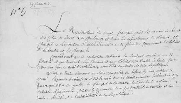 Traité d'amnistie signé par les représentants du peuple près les armées de l'Ouest pour la pacification de la Vendée (Archives de la Vendée en ligne)